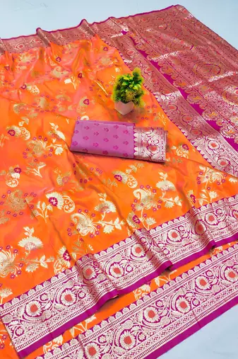 orange silk blend banarasi silk saree with blouse