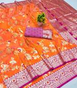 orange silk blend banarasi silk saree with blouse