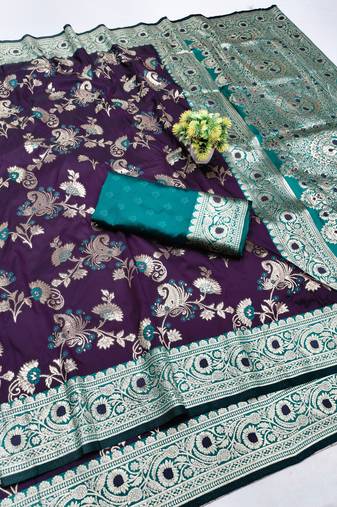 purple silk blend banarasi saree with woven work