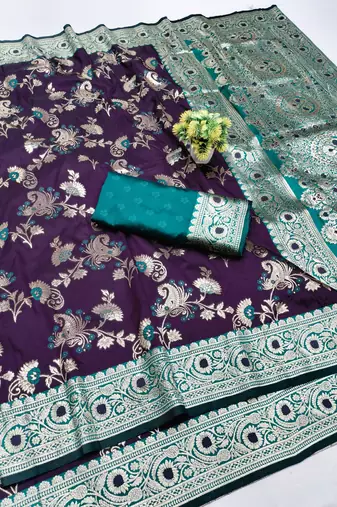 purple silk blend banarasi saree with woven work