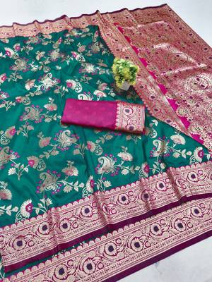 rama green silk blend banarasi saree with woven work 1