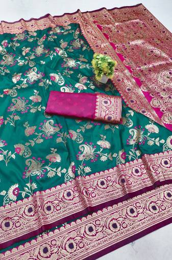 rama green silk blend banarasi saree with woven work