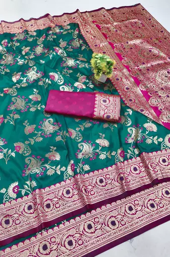 rama green silk blend banarasi saree with woven work