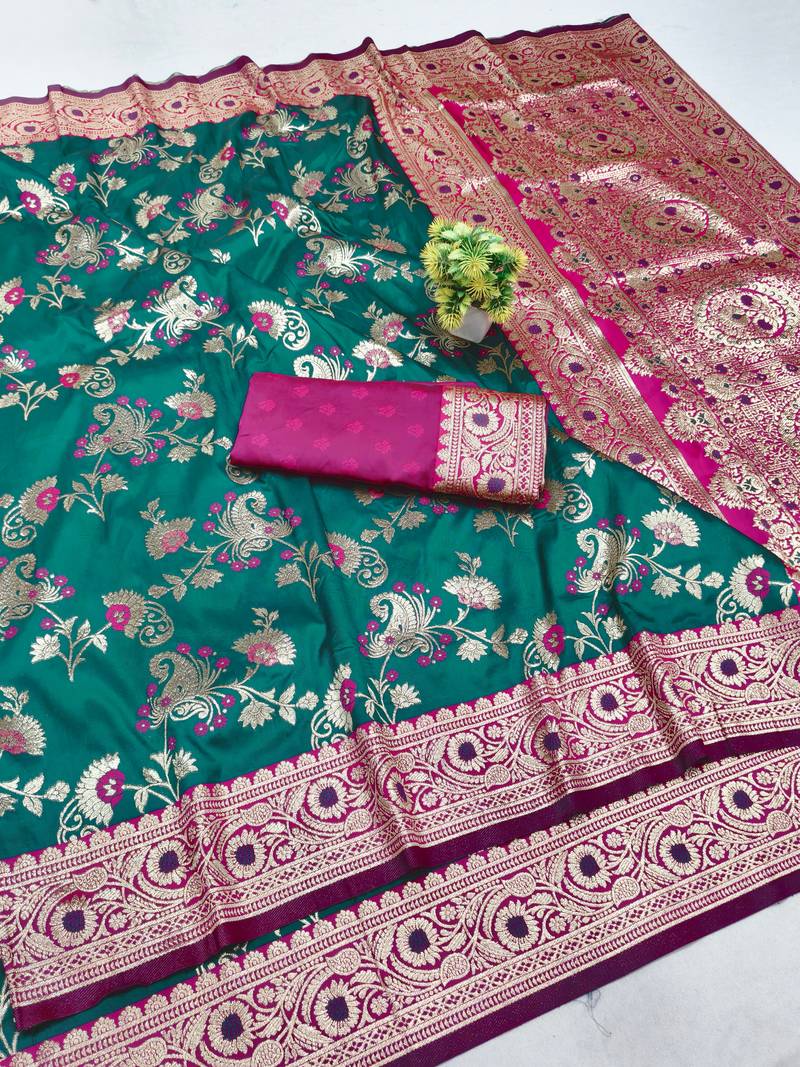 rama green silk blend paithani saree with woven banarasi