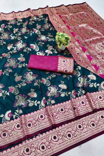 pink silk blend banarasi saree with woven work