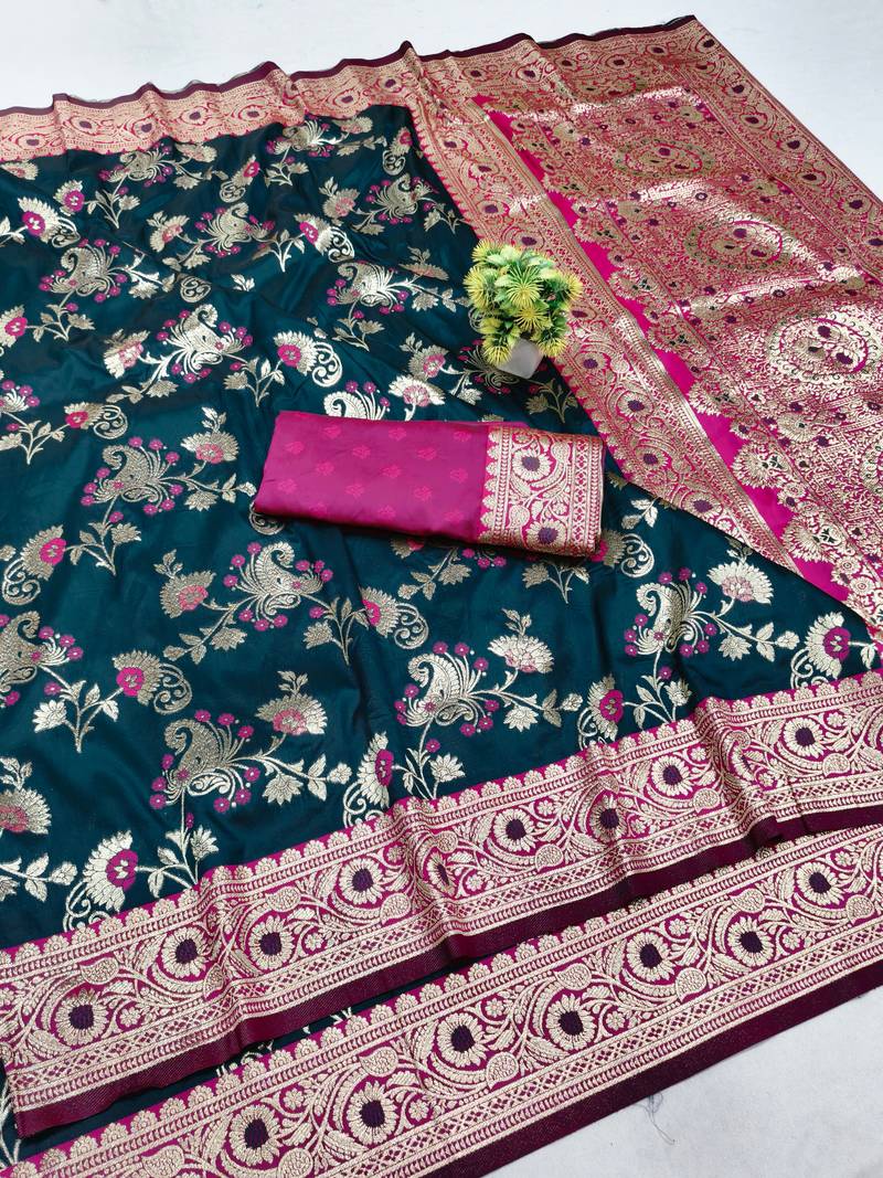 pink silk blend banarasi silk saree woven-unstitched