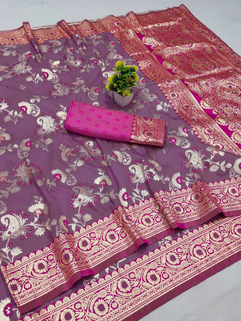 wine silk blend banarasi saree woven-unstitched