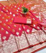 rani pink silk blend banarasi saree woven-unstitched