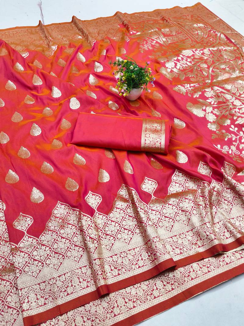 rani pink silk blend banarasi saree woven-unstitched