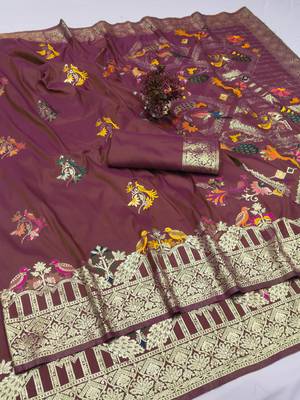 wine paithani silk blend saree with woven work 1