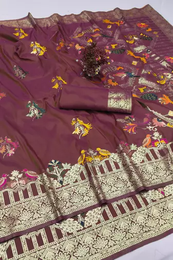 wine banarasi silk paithani saree with blouse