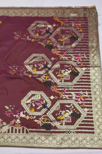 wine paithani silk blend saree with woven work