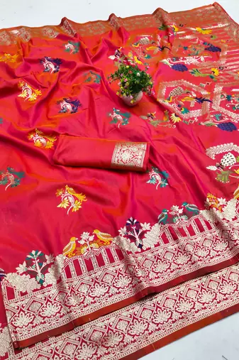 rani pink silk blend paithani saree with woven banarasi