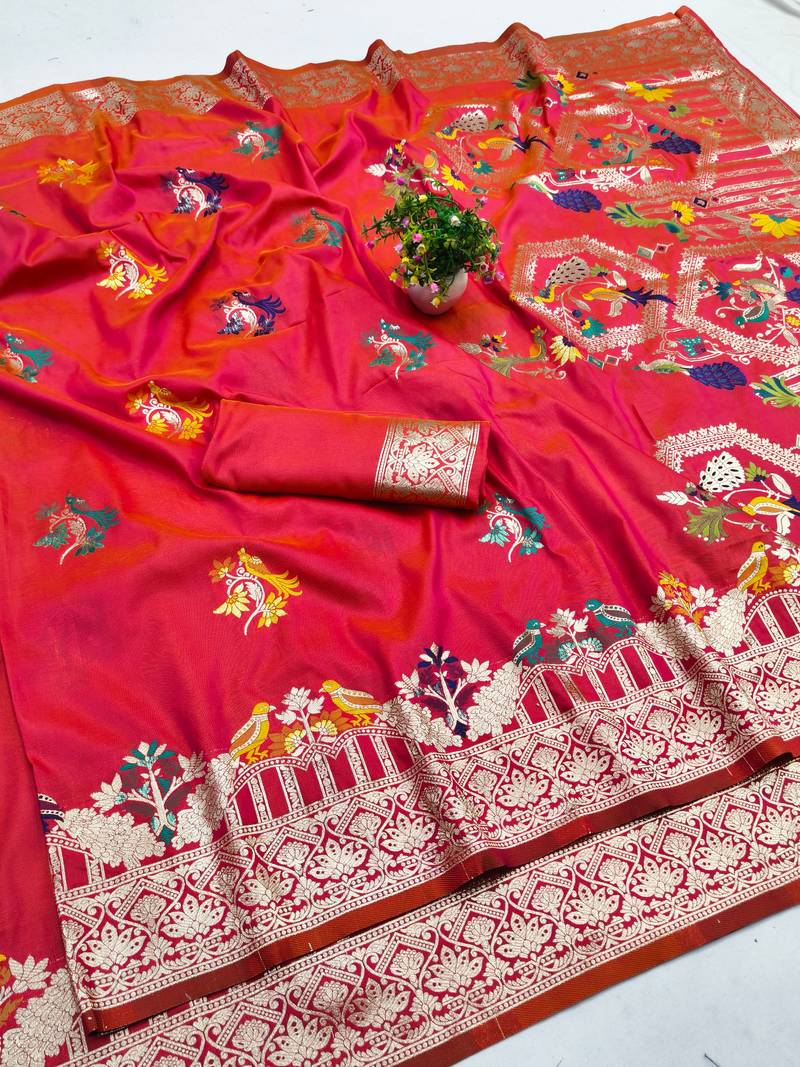 rani pink silk blend paithani saree with woven banarasi
