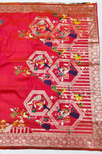 rani pink paithani silk blend saree with woven work