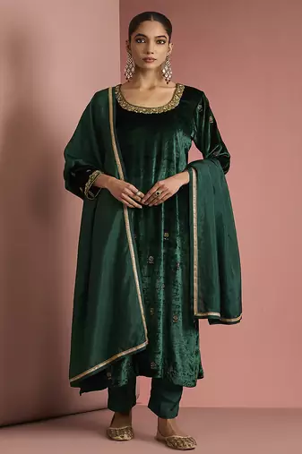 dark green velvet kurta set