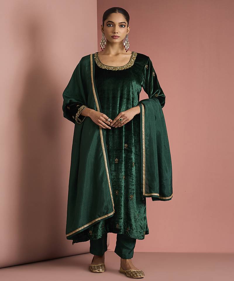 dark green velvet kurta set