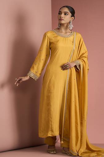 mustard yellow opara silk kurta set 