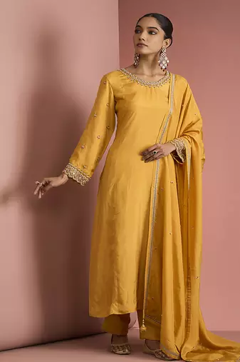 mustard yellow opara silk kurta set 