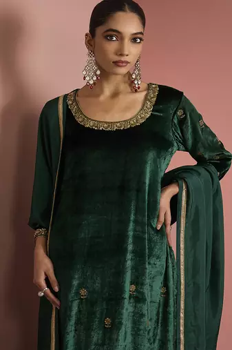dark green velvet kurta set
