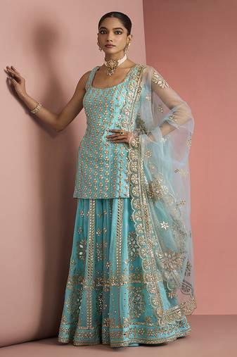 light blue georgette gotta applique sharara set