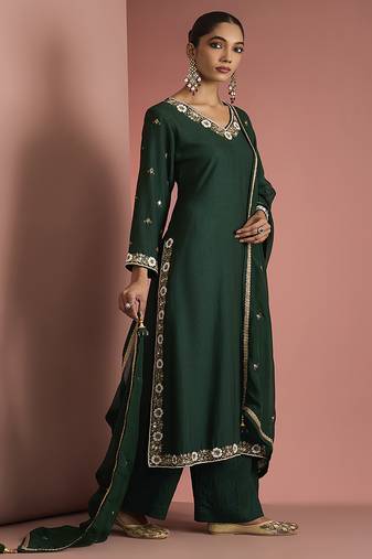 dark green katan silk kurta pant set with organza dupatta