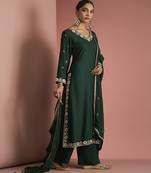 dark green katan silk kurta pant set with organza dupatta