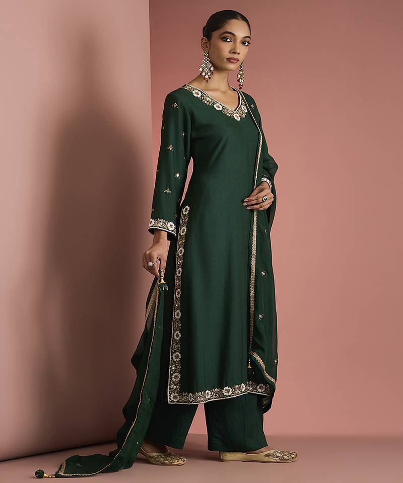 dark green katan silk kurta pant set with organza dupatta
