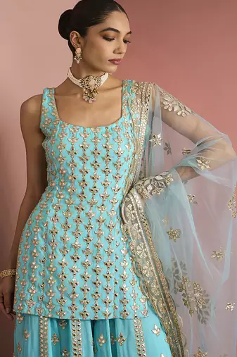 light blue georgette gotta applique sharara set