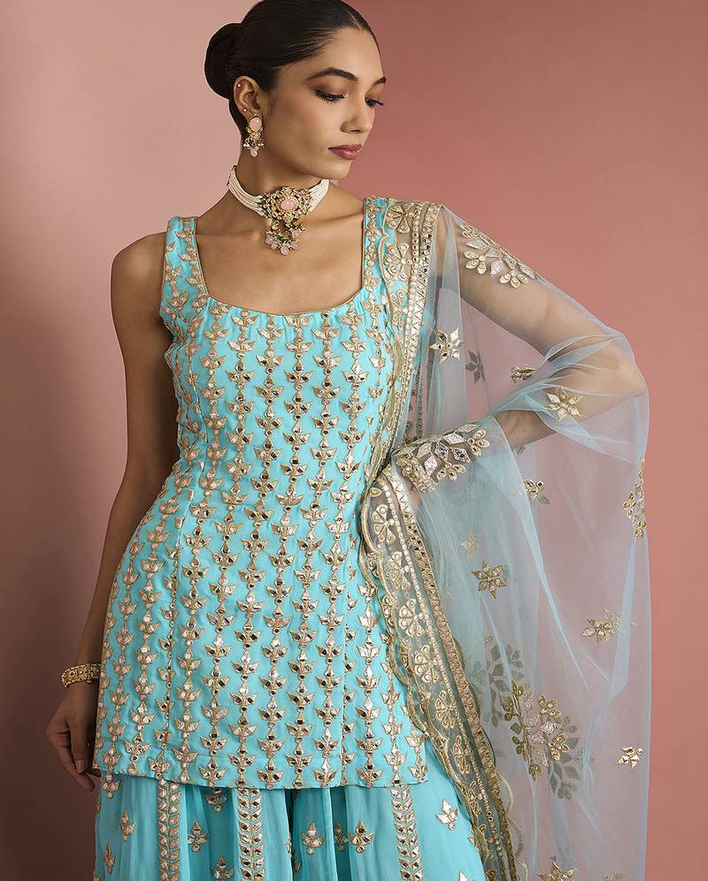 light blue georgette gotta applique sharara set