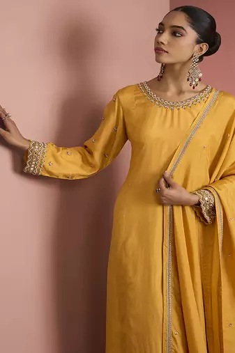 mustard yellow opara silk kurta set 