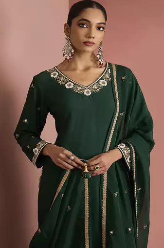 dark green katan silk kurta pant set with organza dupatta