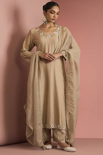 beige katan silk kurta pant set with organza dupatta