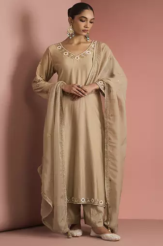 beige katan silk kurta pant set with organza dupatta