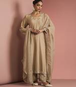 beige katan silk kurta pant set with organza dupatta
