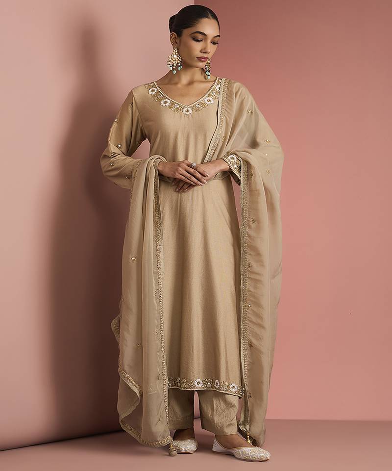 beige katan silk kurta pant set with organza dupatta