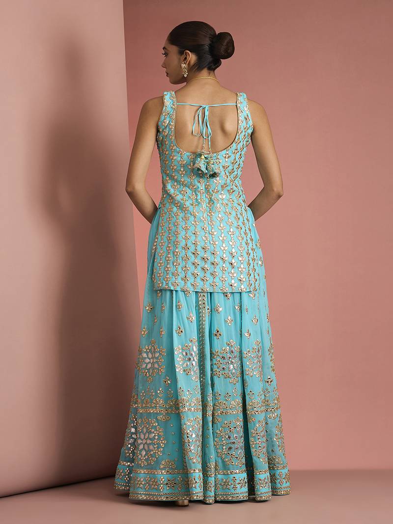 light blue georgette gotta applique sharara set