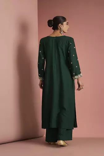 dark green katan silk kurta pant set with organza dupatta
