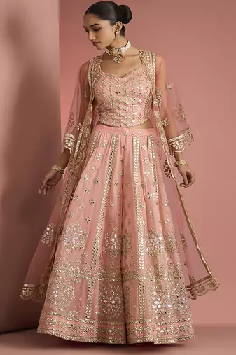 peach georgette with heavy gota work sharara cape set
