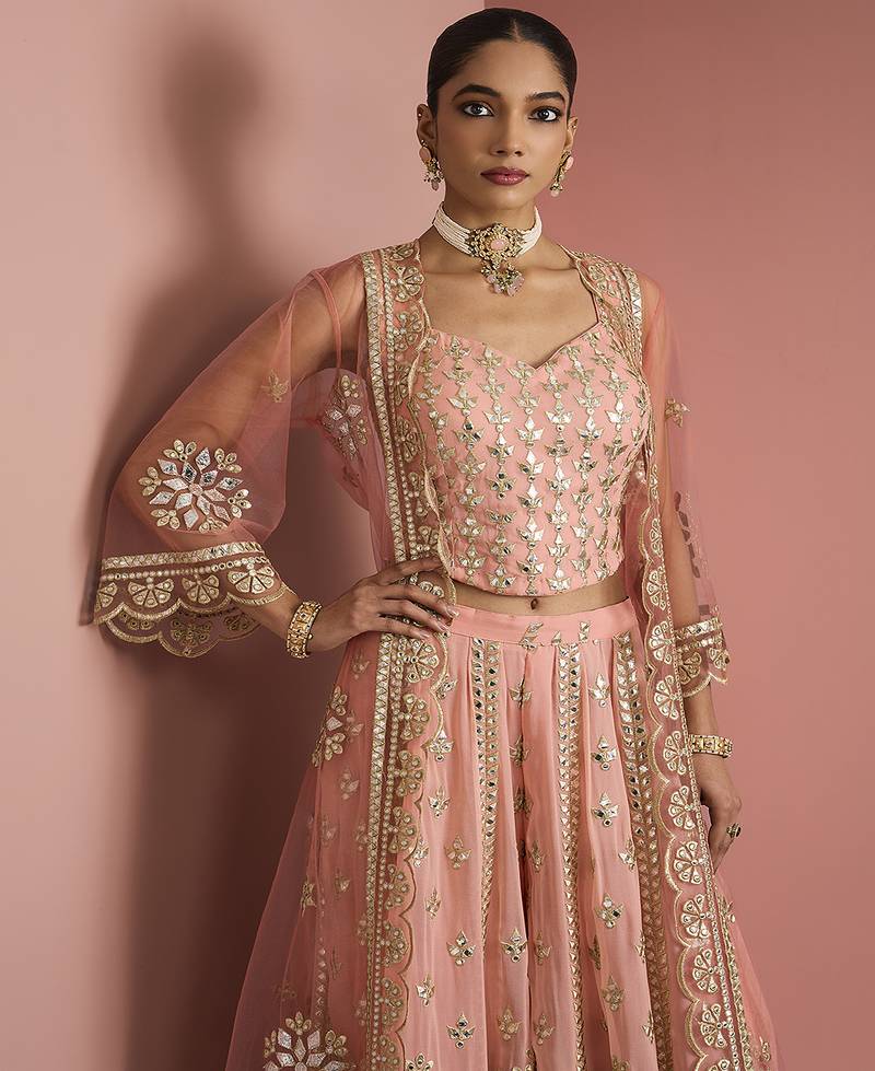 peach georgette with heavy gota work sharara cape set