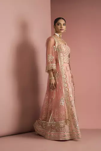peach georgette with heavy gota work sharara cape set