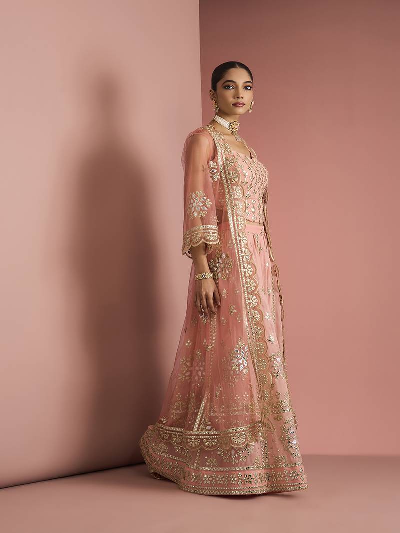 peach georgette with heavy gota work sharara cape set