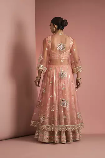 peach georgette with heavy gota work sharara cape set