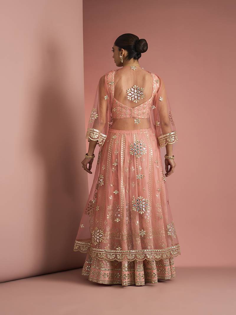 peach georgette with heavy gota work sharara cape set