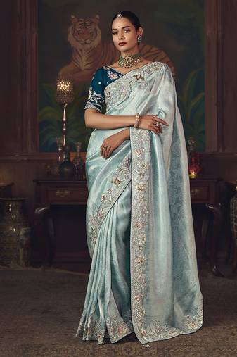 Sky blue zari woven silk blend embroidered saree for wedding wear
