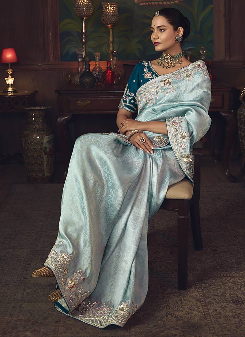 Sky blue zari woven silk blend embroidered saree for wedding wear