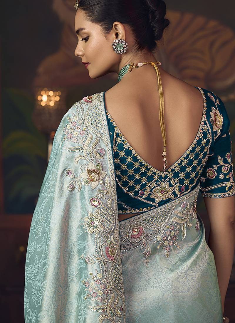 Sky blue zari woven silk blend embroidered saree for wedding wear