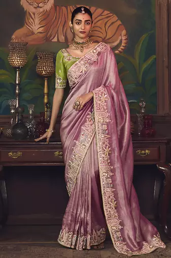 Onion pink zari woven silk blend embroidered saree for wedding wear