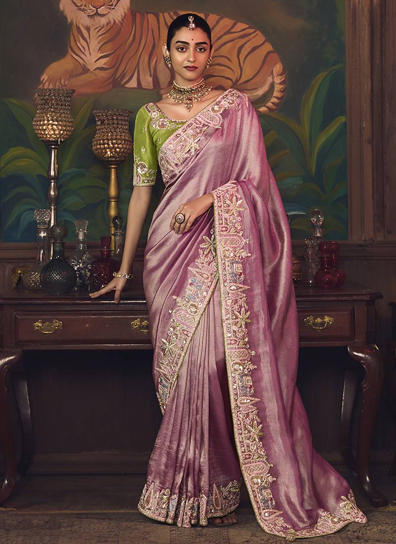 Onion pink zari woven silk blend embroidered saree for wedding wear