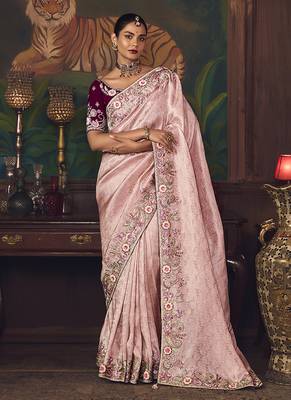 Light pink zari woven silk blend embroidered border saree 1